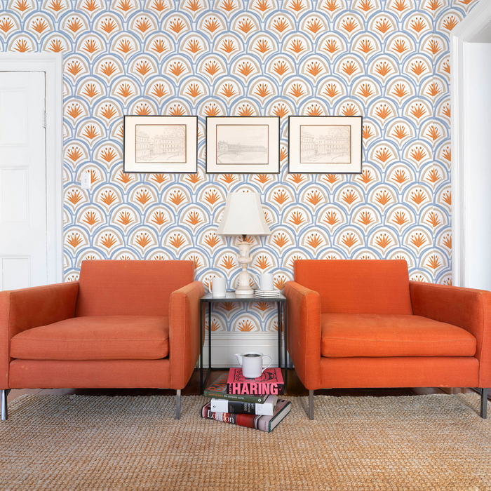 Thatcher Apricot made-to-order wallpaper with orange and beige floral fan pattern, made in the USA with short lead times