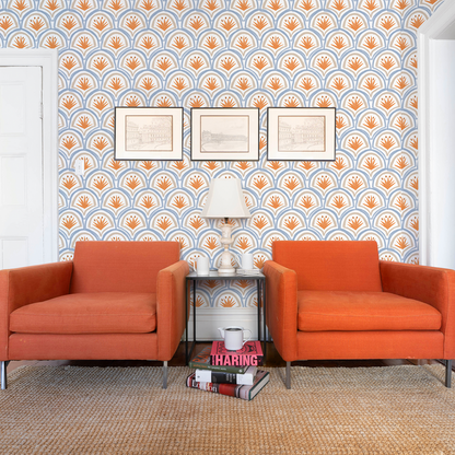 Thatcher Apricot made-to-order wallpaper with orange and beige floral fan pattern, made in the USA with short lead times