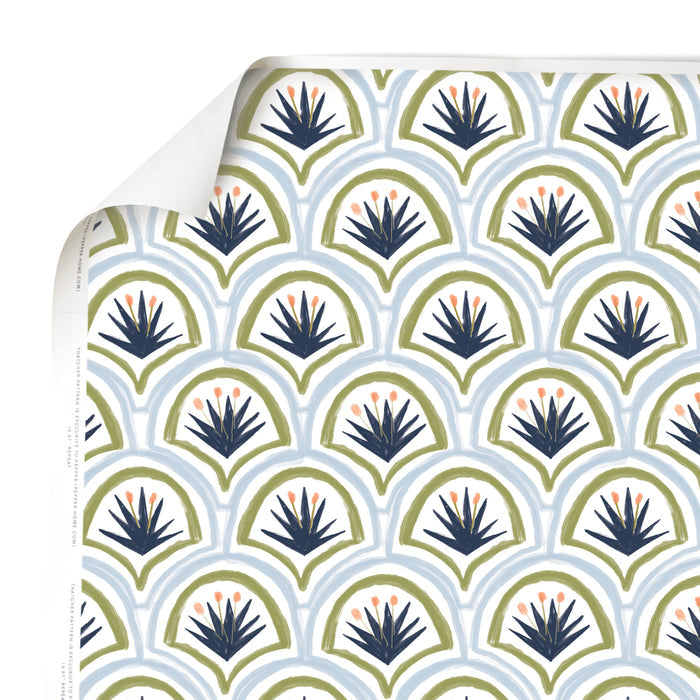 Thatcher Midnight made-to-order wallpaper with navy and olive geometric floral design, manufactured in the USA with short lead times