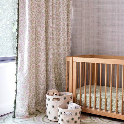 Thatcher Rose made-to-order curtains with pink and green scallop print, short lead times, crafted in the USA