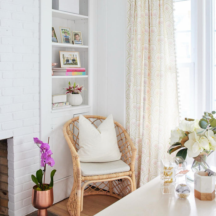 Thatcher Rose patterned curtain in a bright room, made-to-order in the USA with short lead times