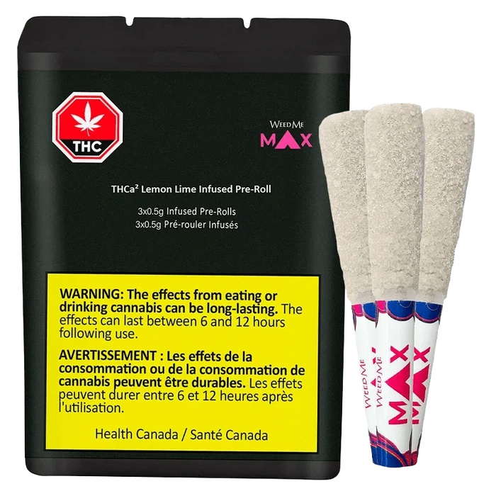 Front-facing black pouch and three sugar-coated pre-rolls to the right, labeled "THCa2 Lemon Lime Infused PR 3 x 0.5 g."
