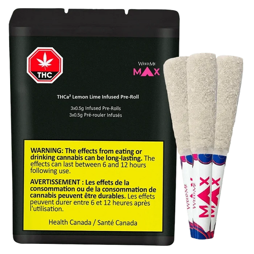 Front-facing black pouch and three sugar-coated pre-rolls to the right, labeled "THCa2 Lemon Lime Infused PR 3 x 0.5 g."