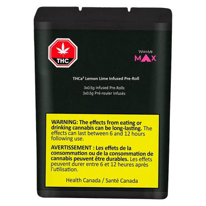 Front-facing pouch shot of THCa2 Lemon Lime Infused PR 3 x 0.5 g showing black packaging, red THC symbol, and a prominent yellow warning panel.