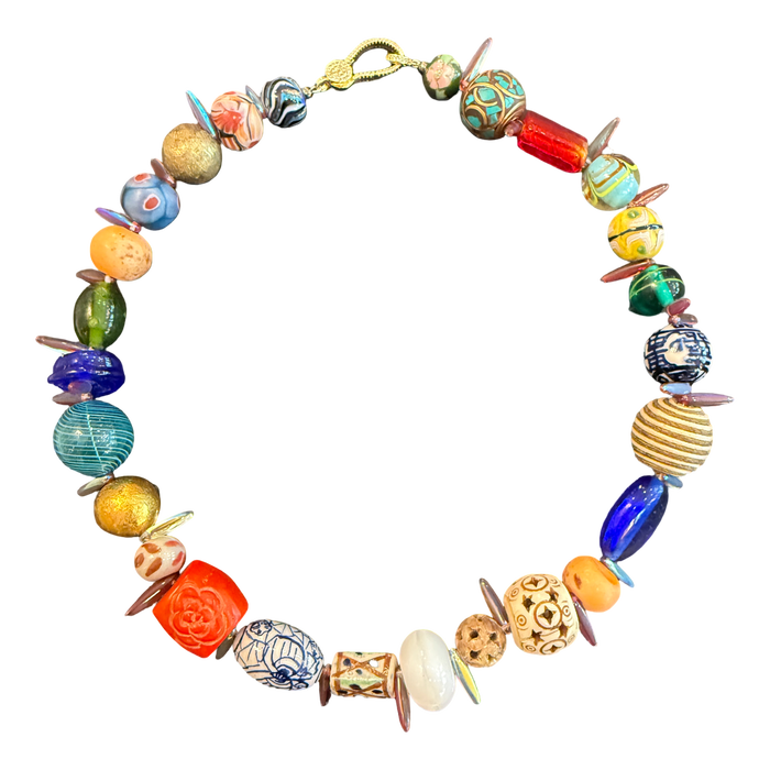 artisan necklace, one of a kind necklace, statement necklace, colorful beaded necklace, porcelain bead necklace, artisan jewelry, wearable art, boutique jewelry, eclectic necklace, mixed bead necklace, vacation style jewelry, collector necklace, luxury artisan necklace, handcrafted necklace, Oh Meredith jewelry