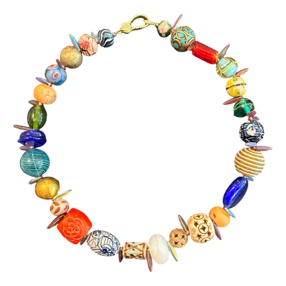 artisan necklace, one of a kind necklace, statement necklace, colorful beaded necklace, porcelain bead necklace, artisan jewelry, wearable art, boutique jewelry, eclectic necklace, mixed bead necklace, vacation style jewelry, collector necklace, luxury artisan necklace, handcrafted necklace, Oh Meredith jewelry