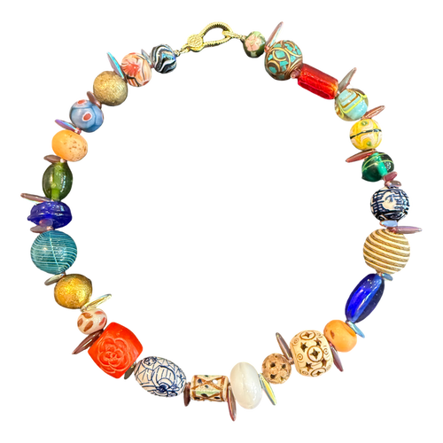 artisan necklace, one of a kind necklace, statement necklace, colorful beaded necklace, porcelain bead necklace, artisan jewelry, wearable art, boutique jewelry, eclectic necklace, mixed bead necklace, vacation style jewelry, collector necklace, luxury artisan necklace, handcrafted necklace, Oh Meredith jewelry