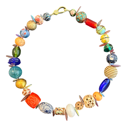 artisan necklace, one of a kind necklace, statement necklace, colorful beaded necklace, porcelain bead necklace, artisan jewelry, wearable art, boutique jewelry, eclectic necklace, mixed bead necklace, vacation style jewelry, collector necklace, luxury artisan necklace, handcrafted necklace, Oh Meredith jewelry