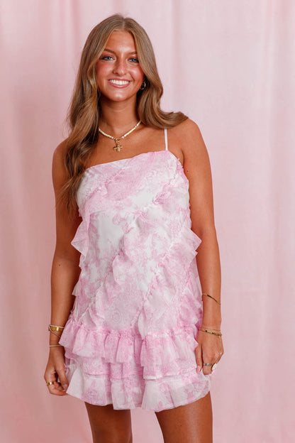 Pink Floral Chiffon Ruffle Mini Dress- Women's Pink Ruffle Dress- Sky To Moon Dresses