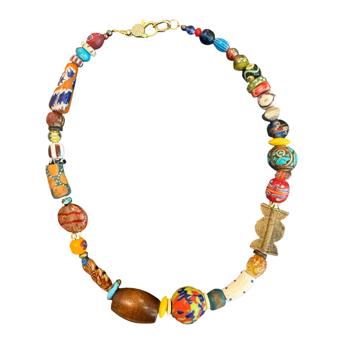 artisan necklace, one of a kind necklace, colorful statement necklace, handmade bead necklace, eclectic jewelry, wearable art necklace, wood bead necklace, porcelain bead necklace, ceramic jewelry, artisan statement jewelry, boutique necklace, collector jewelry, luxury artisan necklace, unique gift for women, Oh Meredith jewelry