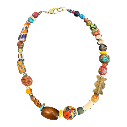 artisan necklace, one of a kind necklace, colorful statement necklace, handmade bead necklace, eclectic jewelry, wearable art necklace, wood bead necklace, porcelain bead necklace, ceramic jewelry, artisan statement jewelry, boutique necklace, collector jewelry, luxury artisan necklace, unique gift for women, Oh Meredith jewelry
