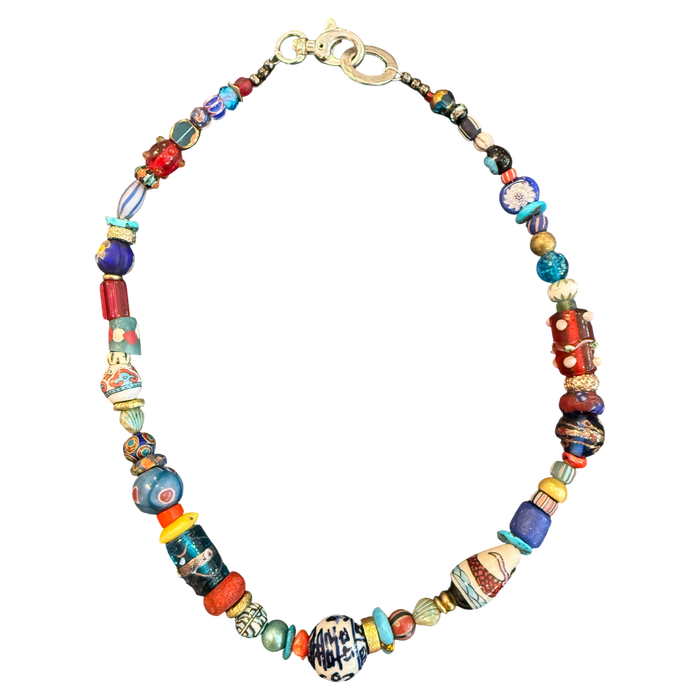 artisan necklace, one of a kind necklace, statement necklace, luxury beaded necklace, porcelain bead necklace, lampwork glass necklace, colorful necklace, artisan jewelry, eclectic jewelry, wearable art, boutique jewelry, mixed bead necklace, collector jewelry, handmade style necklace, Oh Meredith jewelry