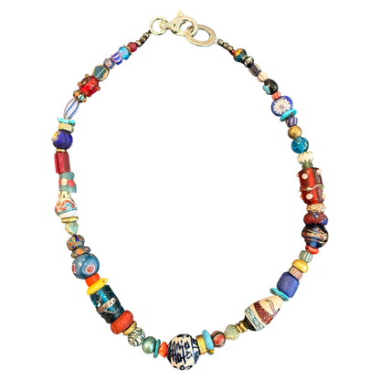 artisan necklace, one of a kind necklace, statement necklace, luxury beaded necklace, porcelain bead necklace, lampwork glass necklace, colorful necklace, artisan jewelry, eclectic jewelry, wearable art, boutique jewelry, mixed bead necklace, collector jewelry, handmade style necklace, Oh Meredith jewelry