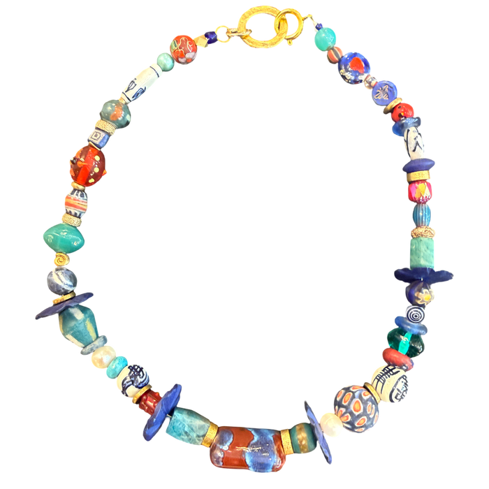 artisan necklace, one of a kind necklace, blue statement necklace, turquoise necklace, porcelain bead necklace, handmade bead necklace, eclectic jewelry, wearable art necklace, colorful statement necklace, collector jewelry, artisan jewelry, boutique necklace, luxury fashion jewelry, unique necklace gift, Oh Meredith jewelry
