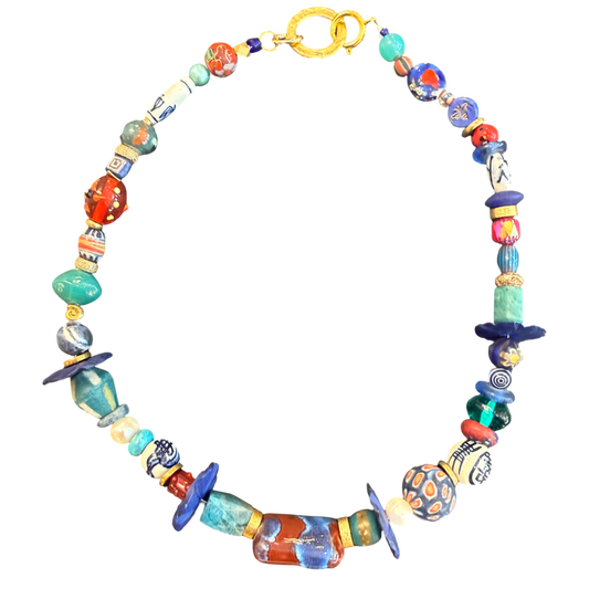 artisan necklace, one of a kind necklace, blue statement necklace, turquoise necklace, porcelain bead necklace, handmade bead necklace, eclectic jewelry, wearable art necklace, colorful statement necklace, collector jewelry, artisan jewelry, boutique necklace, luxury fashion jewelry, unique necklace gift, Oh Meredith jewelry