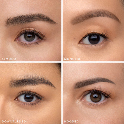 Side-by-side almond and monolid eye close-ups showing lash enhancement before and after The Sweetie lash routine