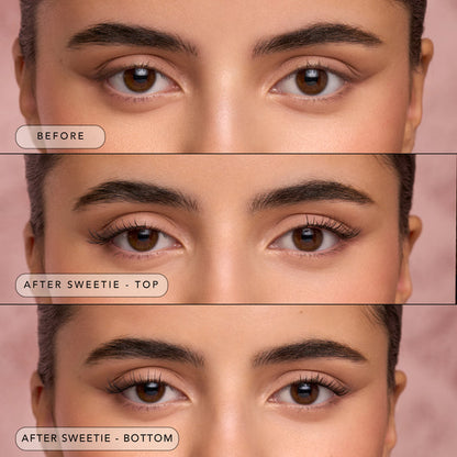 Quad panel shows before and after results of The Sweetie lash routine with top and bottom lash enhancements