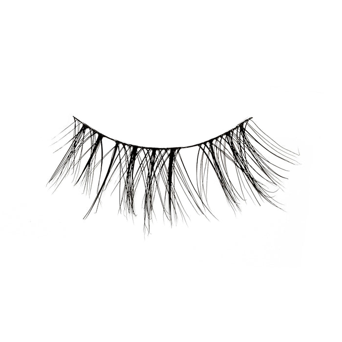 Line art illustration of long wispy lashes fanned along a curved lash band against a white background