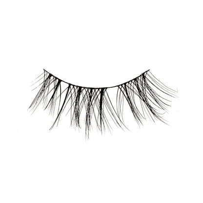 Line art illustration of long wispy lashes fanned along a curved lash band against a white background