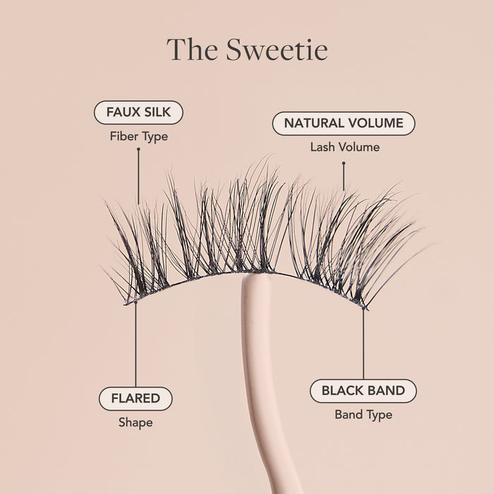 The Sweetie Half Lash product infographic highlighting faux silk fibers and natural volume band.