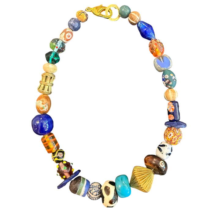 artisan necklace, one of a kind necklace, statement necklace, cobalt blue necklace, colorful bead necklace, porcelain bead necklace, artisan jewelry, wearable art, eclectic necklace, luxury boutique jewelry, mixed bead necklace, collector jewelry, handcrafted necklace, unique jewelry gift, Oh Meredith jewelry