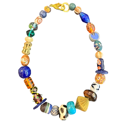 artisan necklace, one of a kind necklace, statement necklace, cobalt blue necklace, colorful bead necklace, porcelain bead necklace, artisan jewelry, wearable art, eclectic necklace, luxury boutique jewelry, mixed bead necklace, collector jewelry, handcrafted necklace, unique jewelry gift, Oh Meredith jewelry