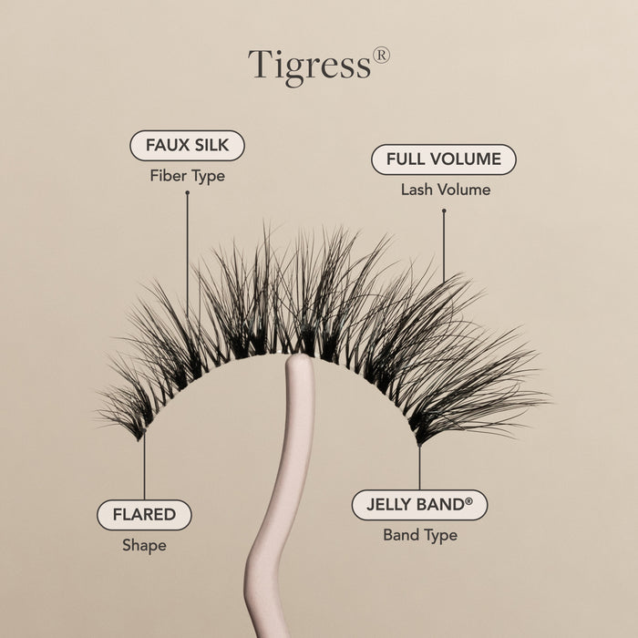 Tigress flared, wispy lash with long length and full volume for a voluminous cat-eye look.