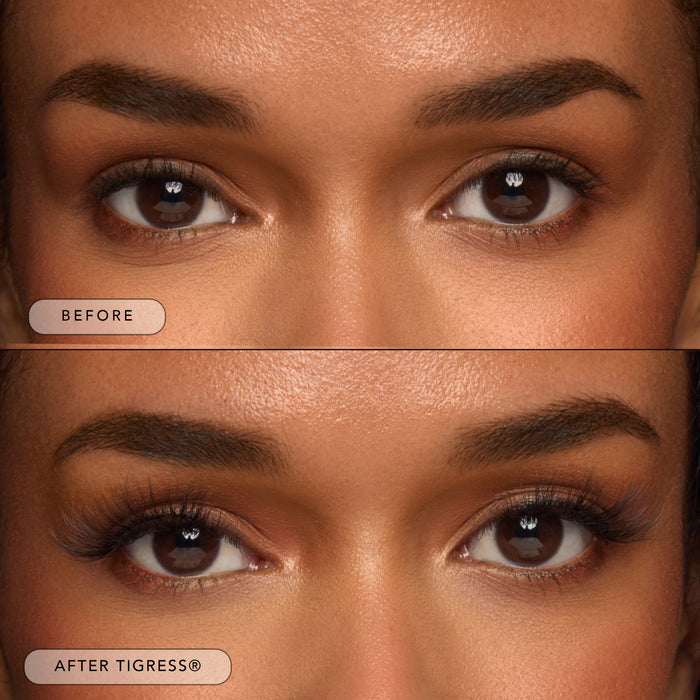 Before and after of a model wearing Tigress lashes.