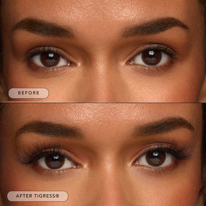 Before and after of a model wearing Tigress lashes.