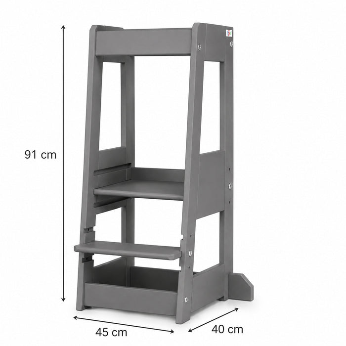 Grauer tiSsi Lernturm Felix mit Maßen 40 x 91 x 45 cm als mitwachsender Kinder-Lernturm für Küche, Bad und Alltag
