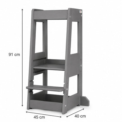 Grauer tiSsi Lernturm Felix mit Maßen 40 x 91 x 45 cm als mitwachsender Kinder-Lernturm für Küche, Bad und Alltag