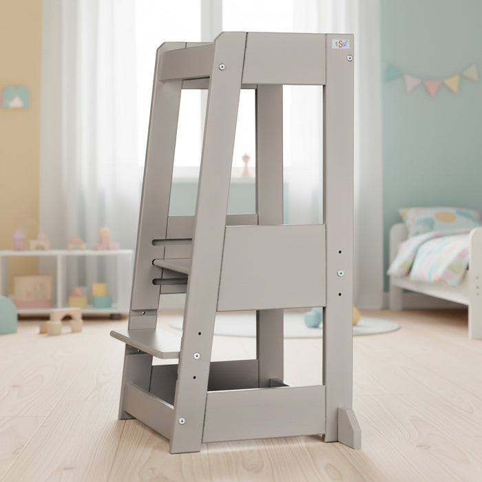 tiSsi Lernturm Felix in Stormy Grey im Kinderzimmer als mitwachsender Kinder-Lernturm