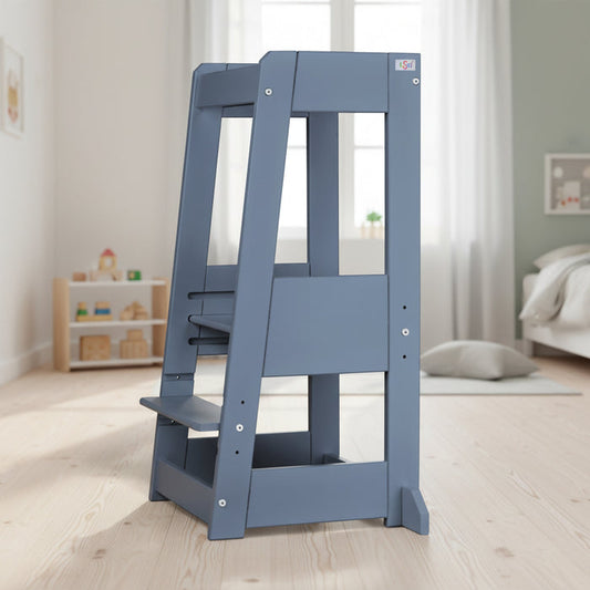 Blauer tiSsi Lernturm Felix als mitwachsender Kinder-Lernturm für Küche, Bad und Alltag vor weißem Hintergrund