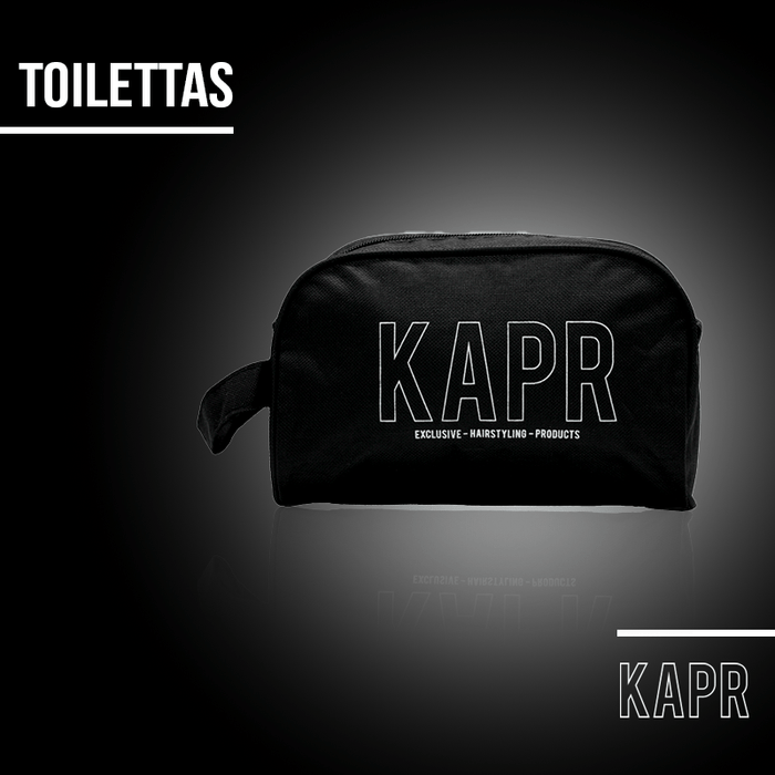 KAPR toilettas op donkere achtergrond met tekst ‘Toilettas’ – professioneel en strak design.