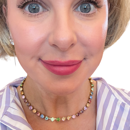 TOVA Oakland Necklace, TOVA Fairy Dust necklace, Fairy Dust Swarovski necklace, iridescent crystal necklace, handmade crystal necklace, Swarovski statement necklace, designer fashion jewelry, colorful crystal necklace, boutique jewelry, luxury statement necklace, women’s crystal necklace, handmade Swarovski jewelry