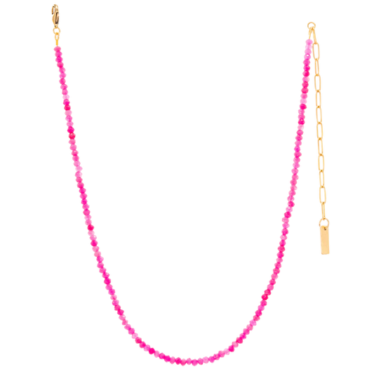 TOVA Padme necklace, hot pink necklace, pink beaded necklace, statement necklace, colorful jewelry, gold necklace, layered necklace, TOVA jewelry, handmade jewelry, Canadian jewelry, boutique jewelry, fashion jewelry, gift for her