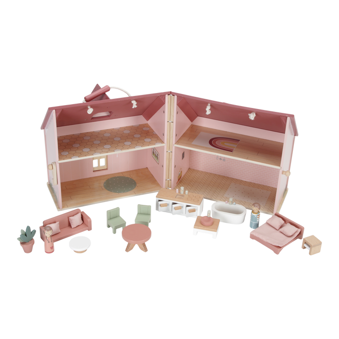 Little Dutch tragbares Holz-Puppenhaus in Pink – Spielszenenansicht mit mehreren Zimmern für fantasievolle Rollenspiele ab 3 Jahren