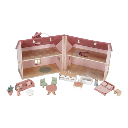 Little Dutch tragbares Holz-Puppenhaus in Pink – Spielszenenansicht mit mehreren Zimmern für fantasievolle Rollenspiele ab 3 Jahren