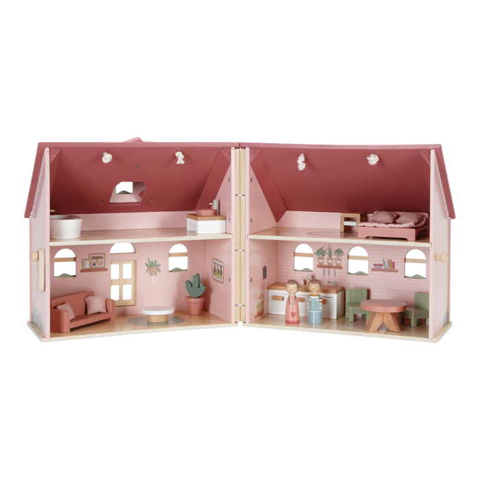 Little Dutch tragbares Puppenhaus aus Holz – weitere Innenansicht des rosa Spielhauses mit Möbeln und detailreichen Räumen