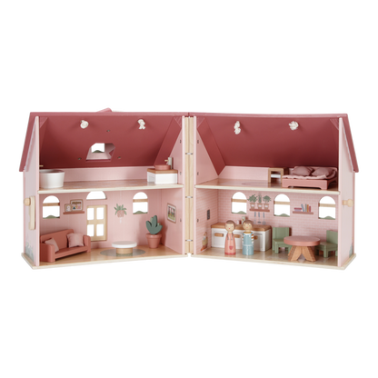 Little Dutch tragbares Puppenhaus aus Holz – weitere Innenansicht des rosa Spielhauses mit Möbeln und detailreichen Räumen