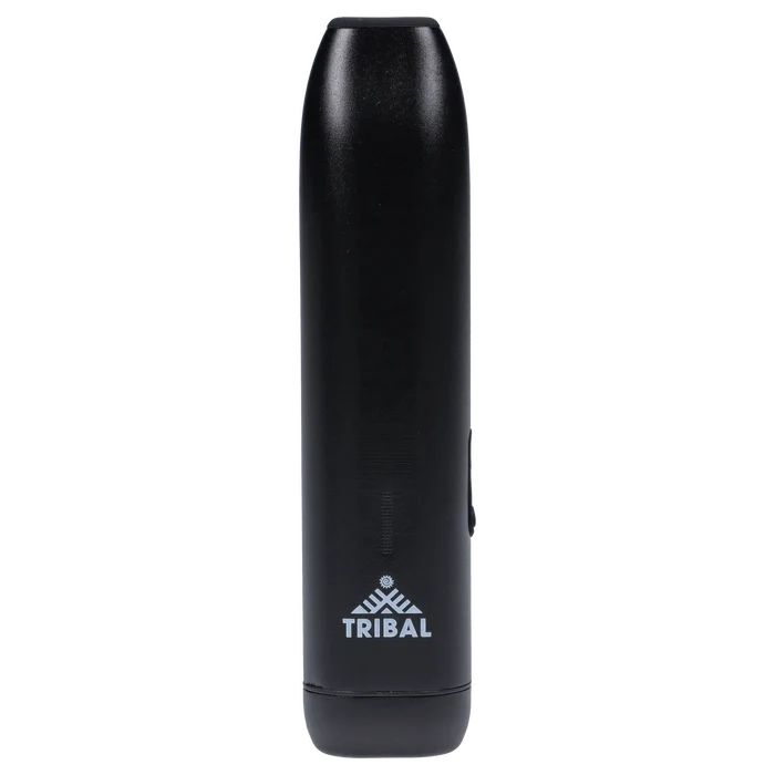 Front-facing close-up of the black Tribal Aerolith Dry Herb Vaporizer standing upright against a plain background, showing its smooth cylindrical body and white Tribal logo near the base.