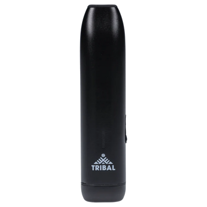 Front-facing close-up of the black Tribal Aerolith Dry Herb Vaporizer standing upright against a plain background, showing its smooth cylindrical body and white Tribal logo near the base.