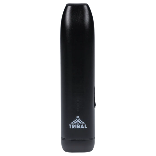 Front-facing close-up of the black Tribal Aerolith Dry Herb Vaporizer standing upright against a plain background, showing its smooth cylindrical body and white Tribal logo near the base.