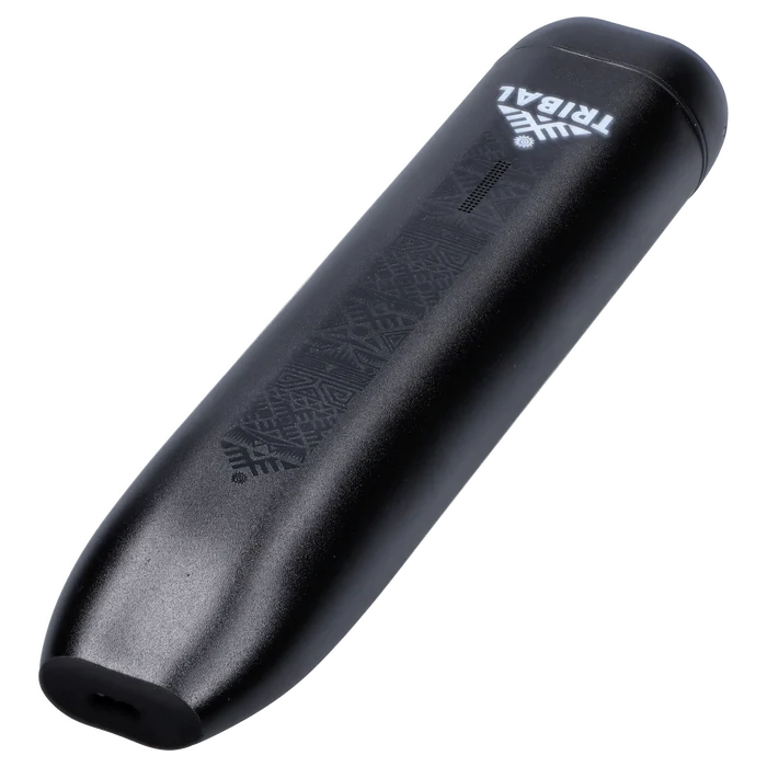 Angled close-up of the black Tribal Aerolith Dry Herb Vaporizer showing its textured surface, vent holes, and white upside-down TRIBAL logo.