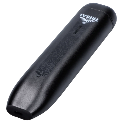 Angled close-up of the black Tribal Aerolith Dry Herb Vaporizer showing its textured surface, vent holes, and white upside-down TRIBAL logo.