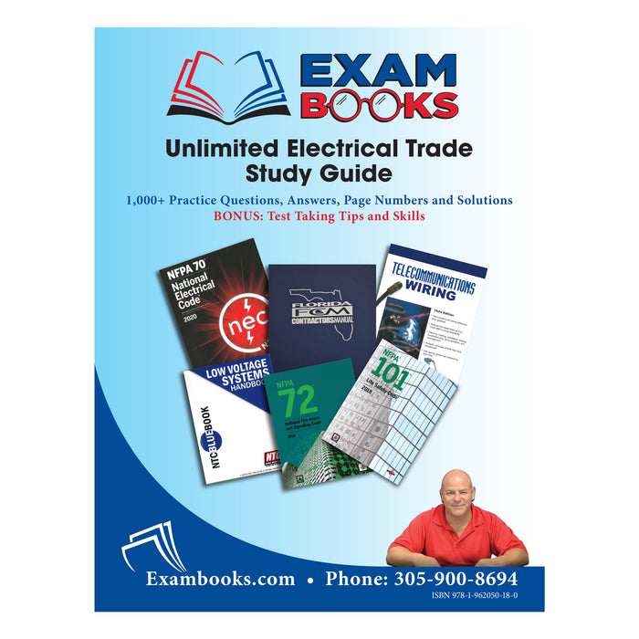 Cover of Unlimited Electrical Trade Study Guide with multiple reference books and a man in red shirt on blue background