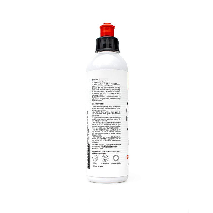 The back of a bottle of Rupes Uno Protect on a white background.