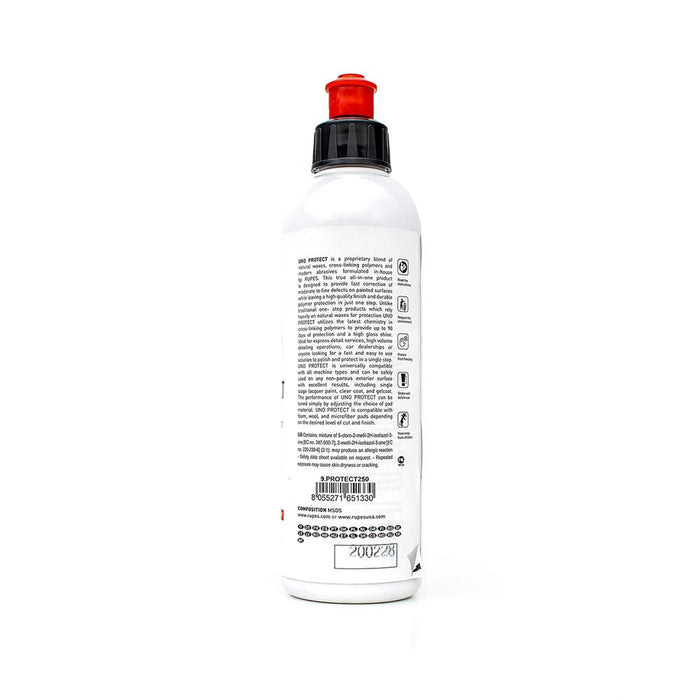 The back of a bottle of Rupes Uno Protect on a white background.