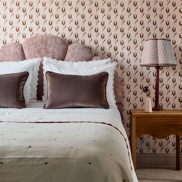 Walnut Velvet made-to-order pillows in rich brown velvet on styled bed, crafted in the USA with fast turnaround and quality materials