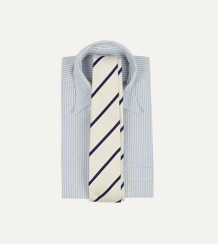 White and Navy Bar Stripe Repp Silk Tipped Tie